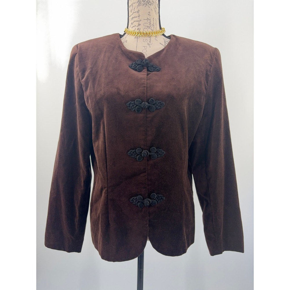 90s VTG Karen Scott Velvet Jacket Women 12 Brown Frog Closure Long Sleeve Blazer